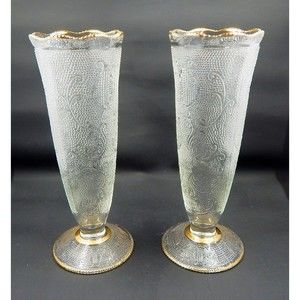 Jeannette Glass Harp Pattern Gold Trimmed Footed Vase Pair